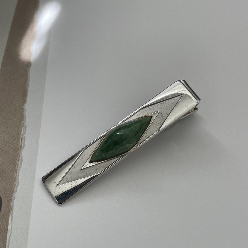 Vintage Silver Tie Clip with Green Stone